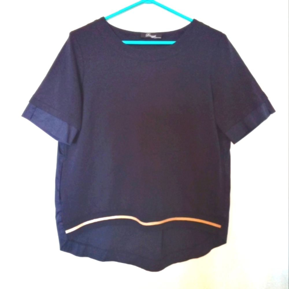 Peruzzi Italy Women's Navy Mixed Media Short Sleeve High Low Top Size 42